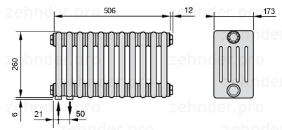 Схема (чертеж) Радиатор Zehnder Charleston 5026/11 №3370 Белый глянцевый RAL 9016